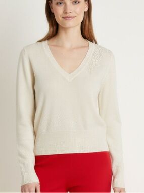 Kilte 100% Cashmere Celine V-Neck Sweater in Marshmallow Embroidered Size Large